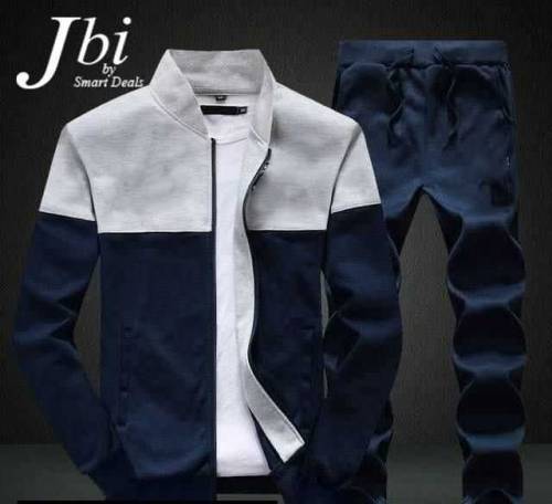 Men Stitched Fleece Bomber Track Suit, Grey & Blue