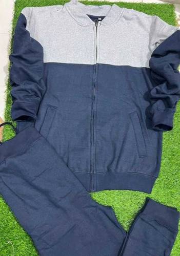 Men Stitched Fleece Bomber Track Suit, Grey & Blue