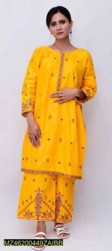 2 pcs women's stitched Linen Embroidered Suit 