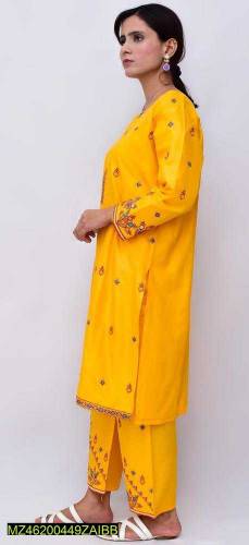 2 pcs women's stitched Linen Embroidered Suit 