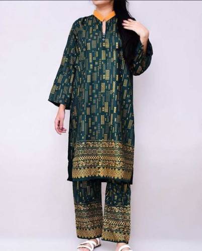 2Pcs women stitched linen Printed suit