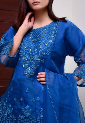 3 Pcs Women's Stitched Organza Embroidered Suit 