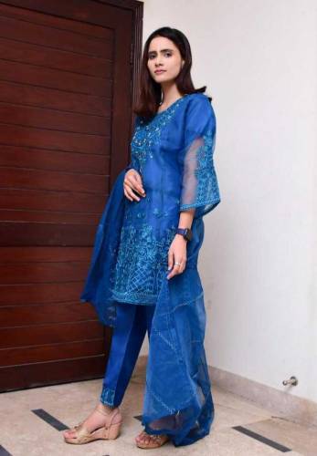 3 Pcs Women's Stitched Organza Embroidered Suit 