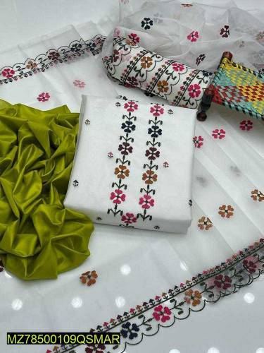 3 Pcs Women's Unstitched Fancy Organza Embroidered Suit