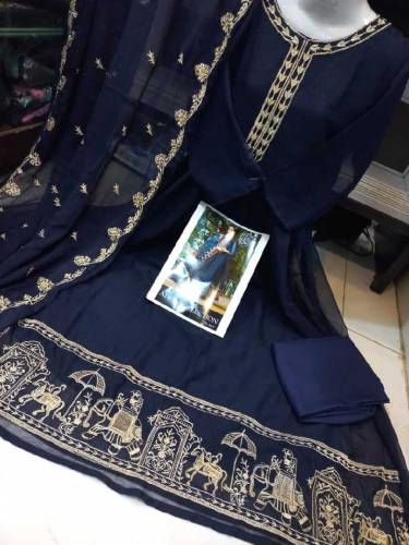 3 pc Shahi Embroidered Border Maxi