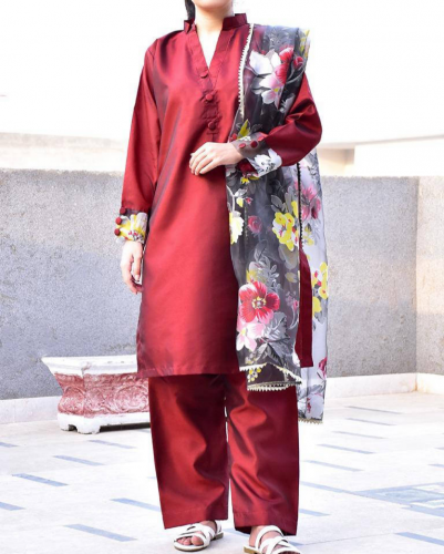 3pc women's stitched silk plain suit