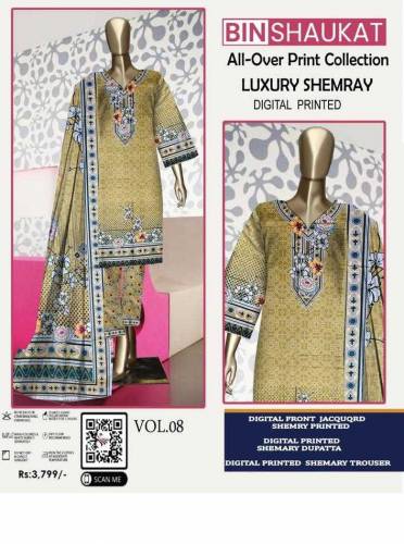 3 Pcs women unstitched Shamery printed suit 