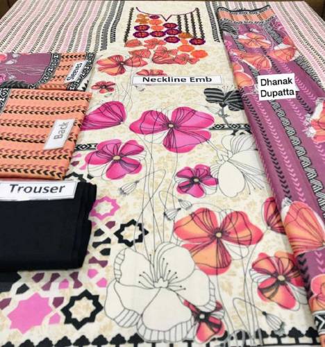 3 Pcs women unstitched Dhanak printed suit 