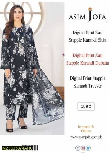 3 Pcs Women's Unstitched Karandi Printed Suit