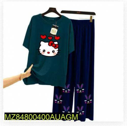 2 pcs women Stitched jersey printed Sleepwear