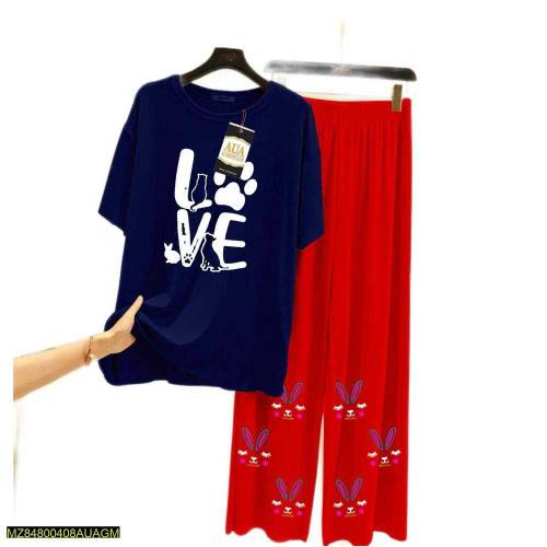 2 pcs women Stitched jersey printed Sleepwear