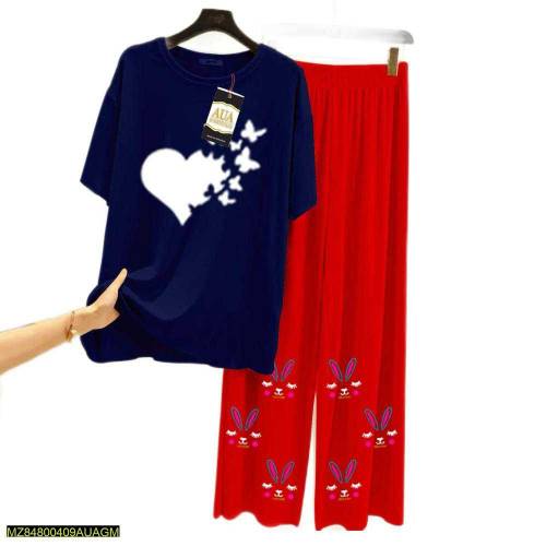 2 pcs women Stitched jersey printed Sleepwear