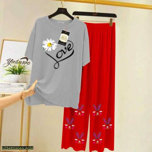 2 pcs women Stitched jersey printed Sleepwear