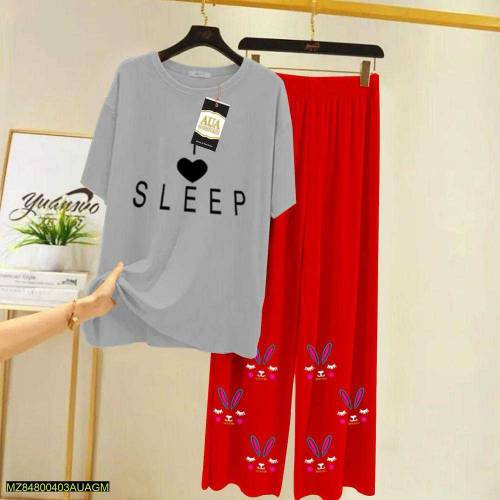 2 pcs women Stitched jersey printed Sleepwear