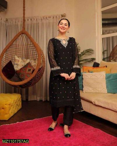 3pcs women's stitched Chiffon Embroidered Suit 