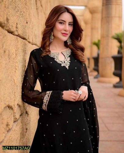 3pcs women's stitched Chiffon Embroidered Suit 