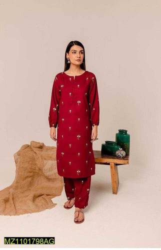 2 PCS WOMEN'S Stitched linen Embroidered Suit 