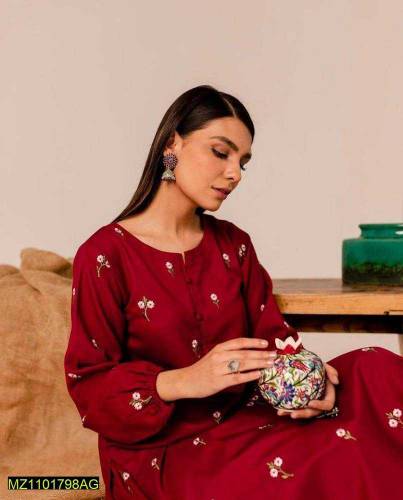 2 PCS WOMEN'S Stitched linen Embroidered Suit 