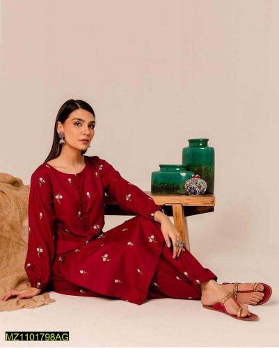 2 PCS WOMEN'S Stitched linen Embroidered Suit 