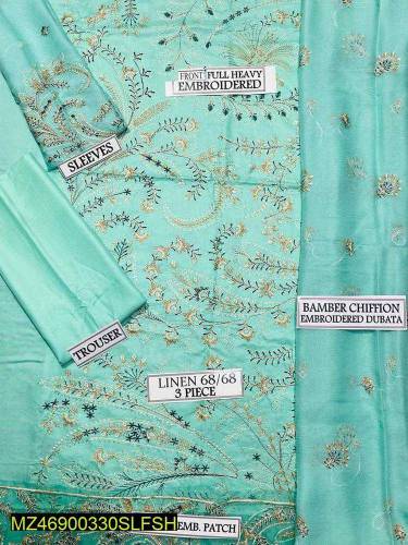 3 Pc women unstitched linen embroidered suit 
