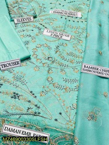 3 Pc women unstitched linen embroidered suit 
