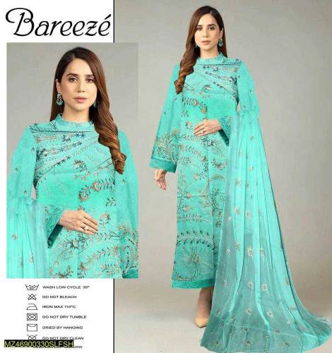 3 Pc women unstitched linen embroidered suit 
