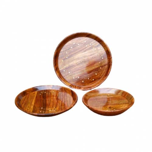Hand crafted wooden 3 piece dry fruits Plates set with brass work