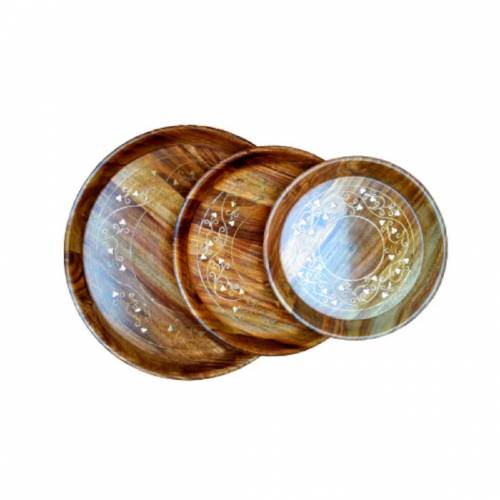 Hand crafted wooden 3 piece dry fruits Plates set with brass work