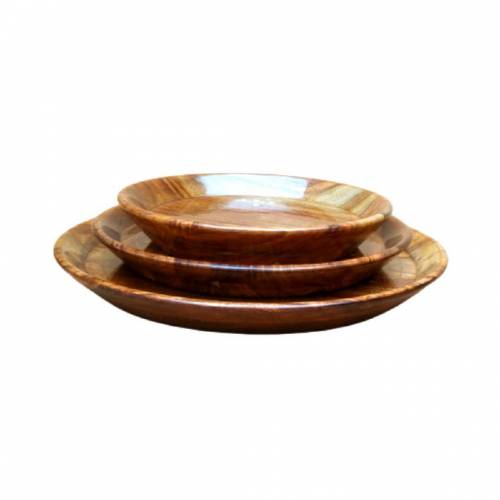 Hand crafted wooden 3 piece dry fruits Plates set with brass work