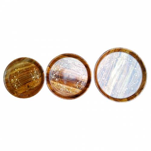 Hand crafted wooden 3 piece dry fruits Plates set with brass work