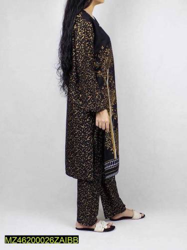 2 PCs women's stitched linen printed suit