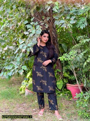 2 pcs Woman Stitched Linen block print Suit 