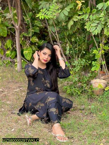 2 pcs Woman Stitched Linen block print Suit 
