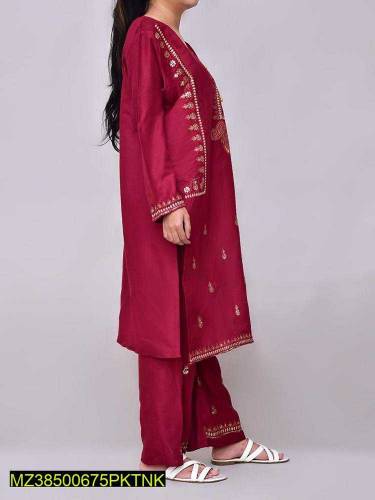2 Pcs Women's Linen Embroidered Suite