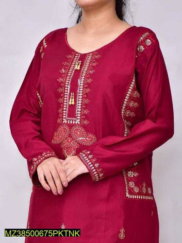 2 Pcs Women's Linen Embroidered Suite