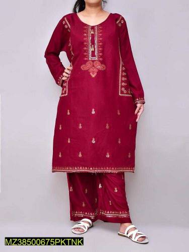 2 Pcs Women's Linen Embroidered Suite
