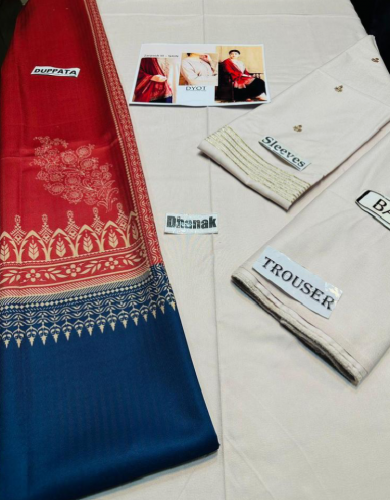 3 Piece Woman's Unstitched Dhanak Embroidered Suit