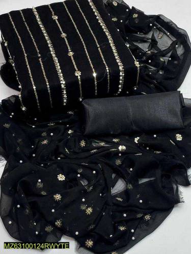 3 pcs women's unstitched chiffon embroidered suit