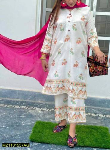 2 PC stiched linen block printed suit