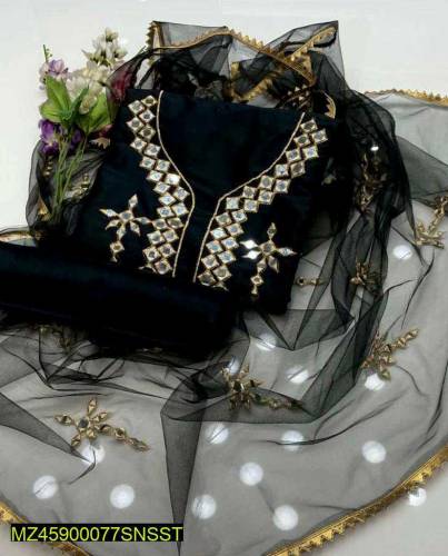 3 Pcs Women's Unstitched Katan Silk Embriodered Suit