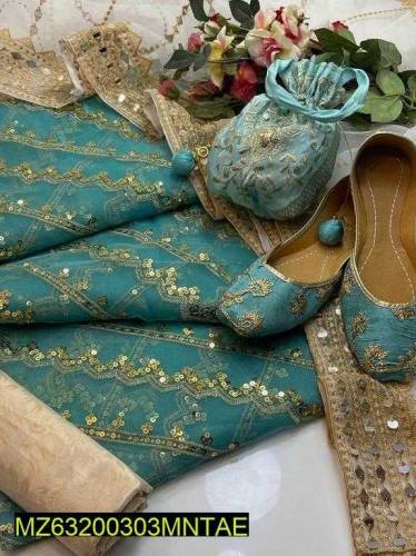 3pcs womens unstitched fancy organza mirror work embroidery suit