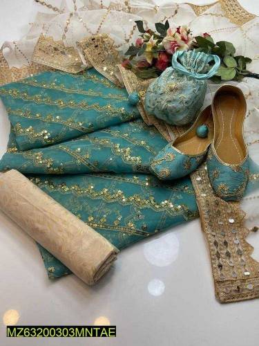 3pcs womens unstitched fancy organza mirror work embroidery suit