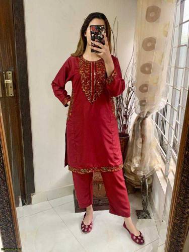 2pcs Women's Stitched linen Embroidered Suit 