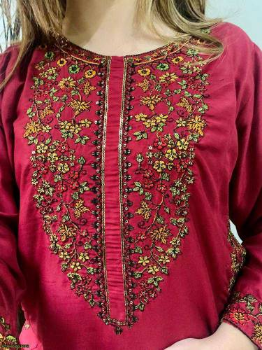 2pcs Women's Stitched linen Embroidered Suit 