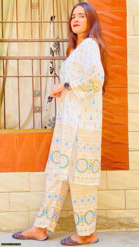 2 Pcs women's stitched Linen printed suit