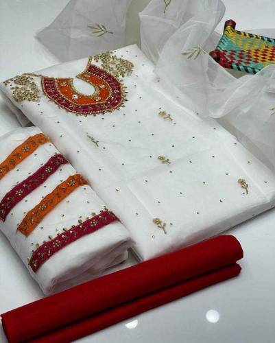 3 pc women's unstitched organza embroidered suit 