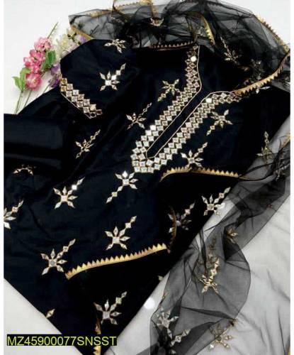 3 pcs women's unstitched katan silk embrodered Suit
