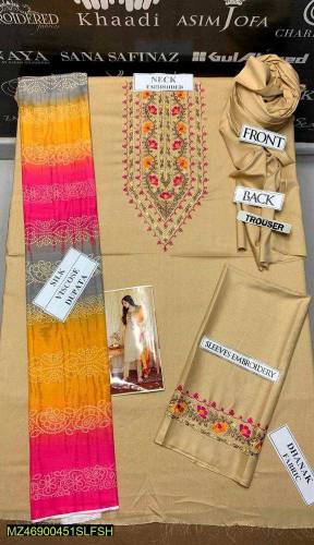 3 Pcs women's Unstitched Dhanak Embroidered suit