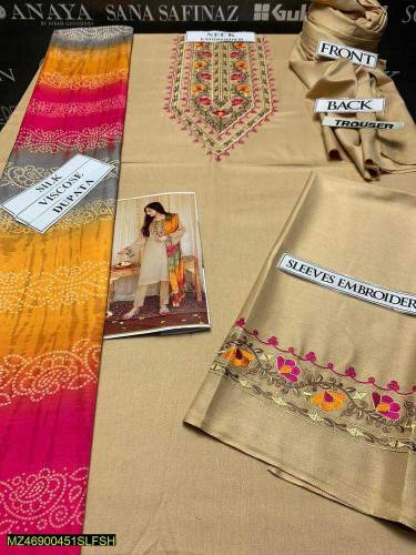 3 Pcs women's Unstitched Dhanak Embroidered suit