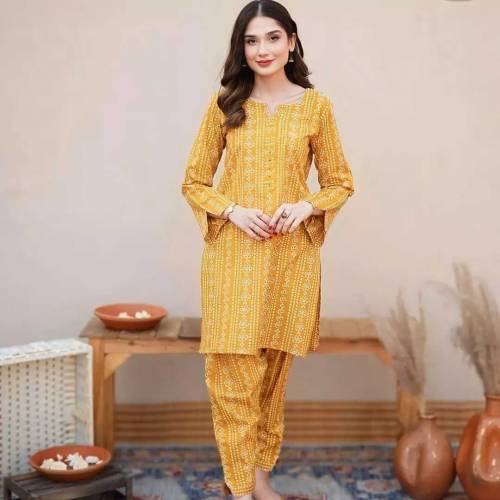 2 Pcs Women's Stitched Lawn Printed Suit 